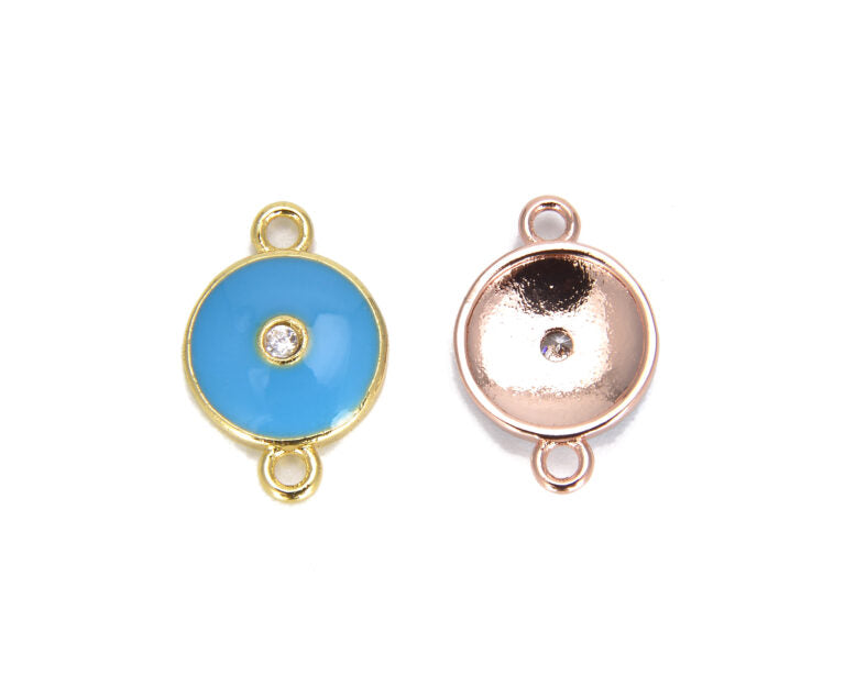 14K Gold Filled Turquoise Blue Enamel Evil Eye Connector, Round Enamel Evil Eye Charm, Evil Eye Necklace, Cubic Zirconia, 18x12mm, CN207