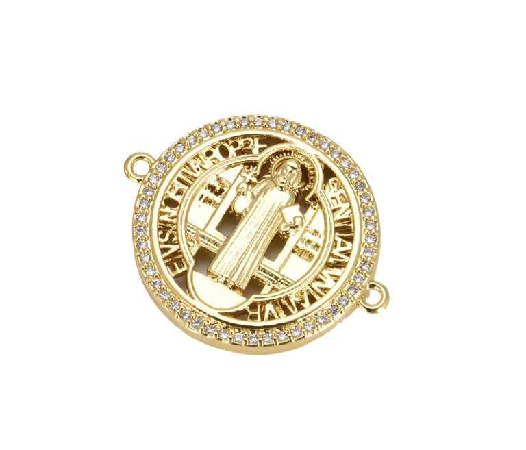 14K Gold Filled Saint Benedict Micro Pave CZ Connector, St Benedict Bracelet, Christian Charms, St. Benedict Necklace, 27x22mm, CN210