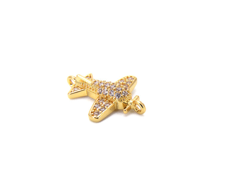 18K Gold Filled Airplane Connector CZ Micro Pave, Airplane Necklace, Traveler Jewelry, Pilot Jewelry, Airplane Charm, 17x12mm, CN215