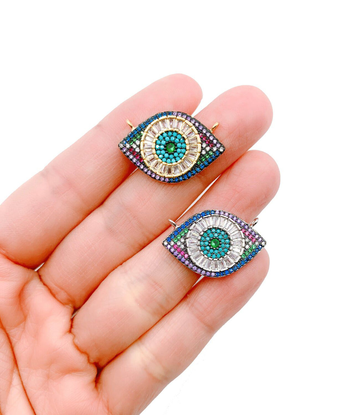 18K Gold Filled Rainbow CZ Evil Eye Pendant Connector, 18K Gold CZ Micro Pave Evil Eye Connector, Evil Eye Charm, Greek Evil Eye, 26x17mm, CN217