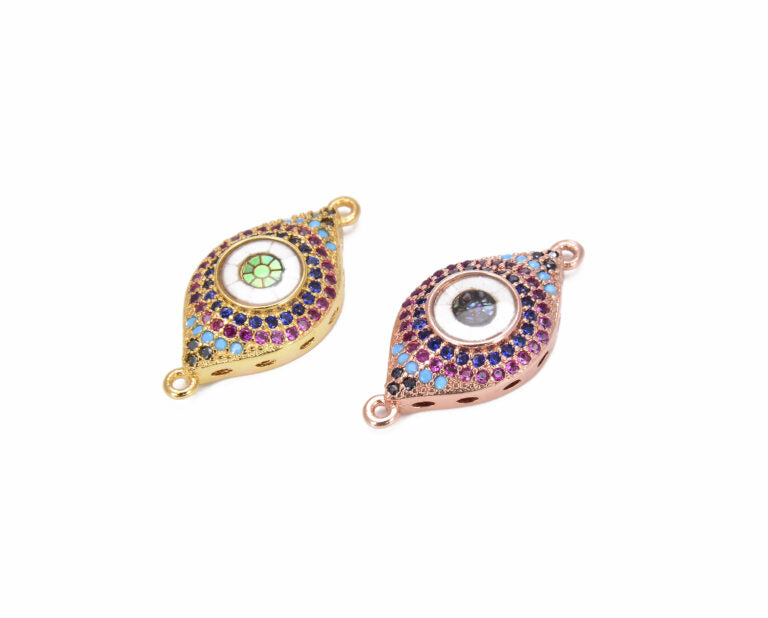 14K Gold Filled Evil Eye Connector CZ Micro Pave with Shell, Multiple CZ Evil Eye Connector, Evil Eye Necklace, 22x11mm, CN219