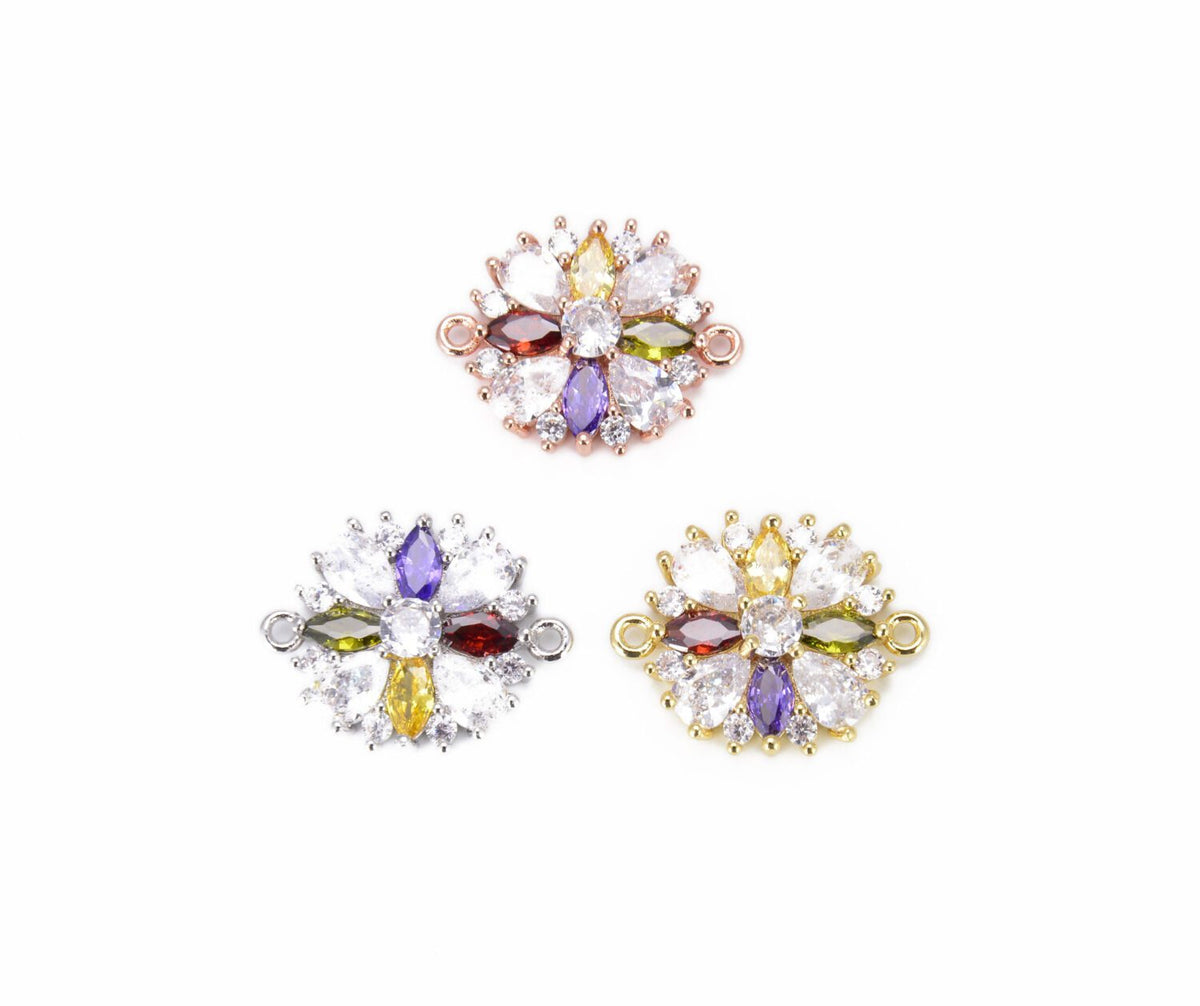 18K Gold Filled CZ Flower Connector, Flower Charm, Flower Pendant, Connector Charms, Flower, Cubic Zirconia, 21x16mm, CN259