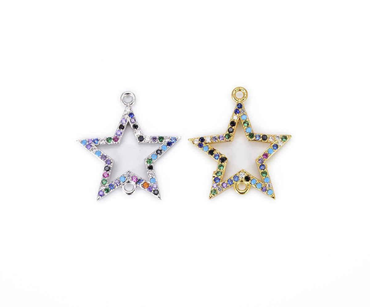 18K Gold Filled Multi CZ Star Charm Connector, Star Charm, Star Pendant, Star Bracelet, Star Necklace, Cubic Zirconia, 21x20mm, CN272