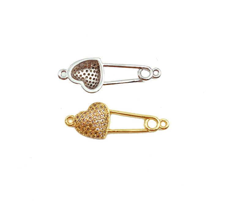 22K Gold Filled Heart Safety Pin Connector Charm, CZ Micro Pave Connector, Safety Pin Connector, Heart Connector, 28x9mm, CN278