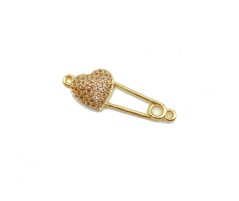 22K Gold Filled Heart Safety Pin Connector Charm, CZ Micro Pave Connector, Safety Pin Connector, Heart Connector, 28x9mm, CN278