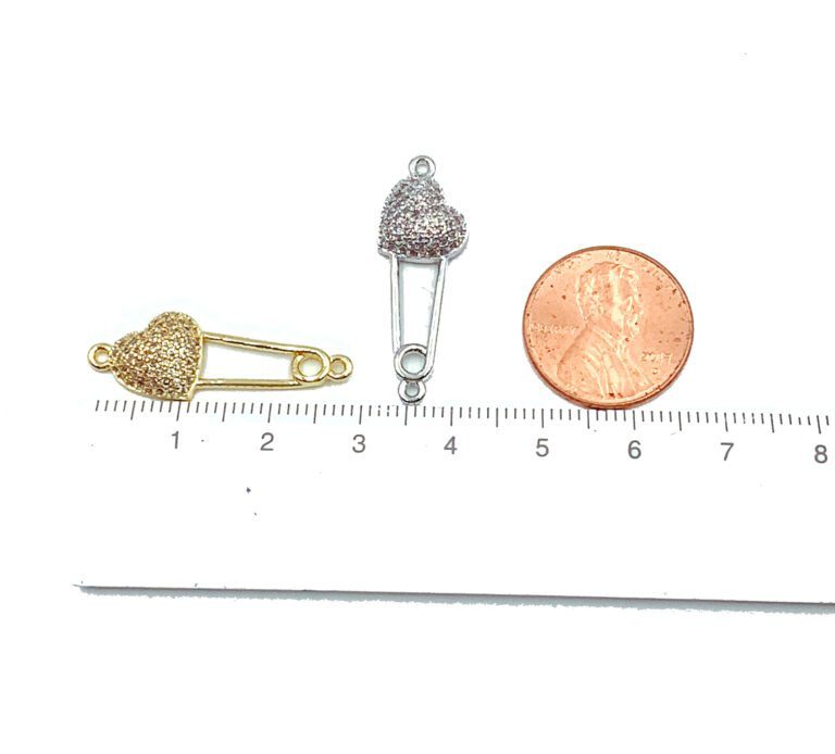 22K Gold Filled Heart Safety Pin Connector Charm, CZ Micro Pave Connector, Safety Pin Connector, Heart Connector, 28x9mm, CN278