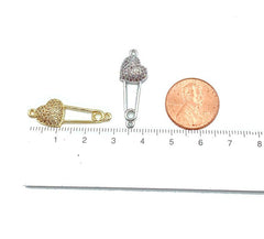 22K Gold Filled Heart Safety Pin Connector Charm, CZ Micro Pave Connector, Safety Pin Connector, Heart Connector, 28x9mm, CN278