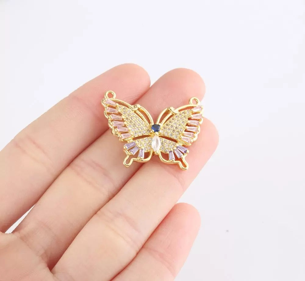 24K Gold Filled Butterfly Connector, Colored CZ Micro Pave Butterfly Connector, Butterfly Pendant, Cubic Zirconia, Connector Charm, 29x22mm, CN332