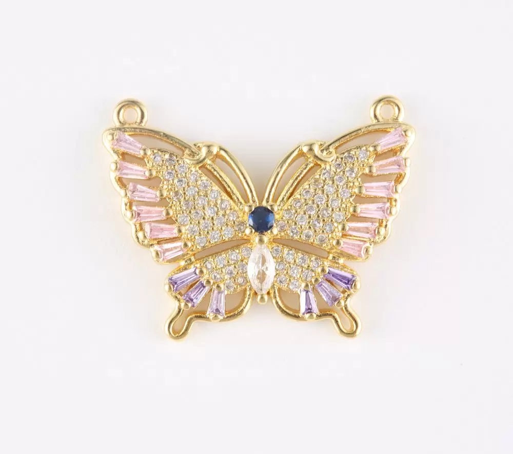 24K Gold Filled Butterfly Connector, Colored CZ Micro Pave Butterfly Connector, Butterfly Pendant, Cubic Zirconia, Connector Charm, 29x22mm, CN332