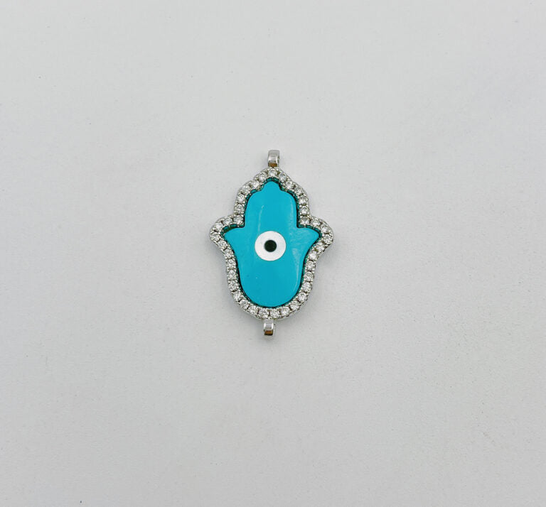 Turquoise Blue Enamel Hamsa Hand Connector, Micro Pave Hamsa Charm Connector for Bracelet Necklace Earring Component, 25x15mm, CN382