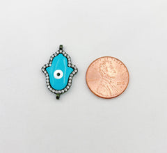 Turquoise Blue Enamel Hamsa Hand Connector, Micro Pave Hamsa Charm Connector for Bracelet Necklace Earring Component, 25x15mm, CN382