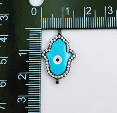 Turquoise Blue Enamel Hamsa Hand Connector, Micro Pave Hamsa Charm Connector for Bracelet Necklace Earring Component, 25x15mm, CN382