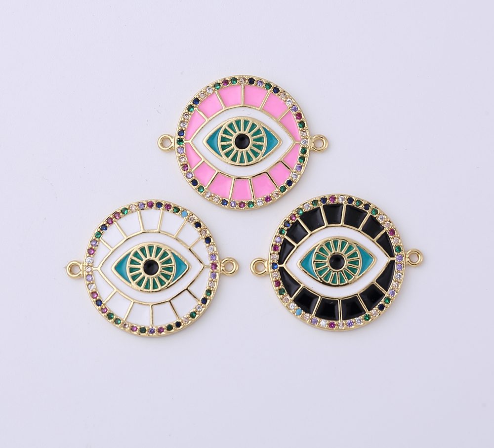 18K Gold Filled Pink Enamel Evil Eye Connector, Micro Pave CZ Charm, Spiritual Protection Amulet Necklace Pendant for Jewelry Making, CN385