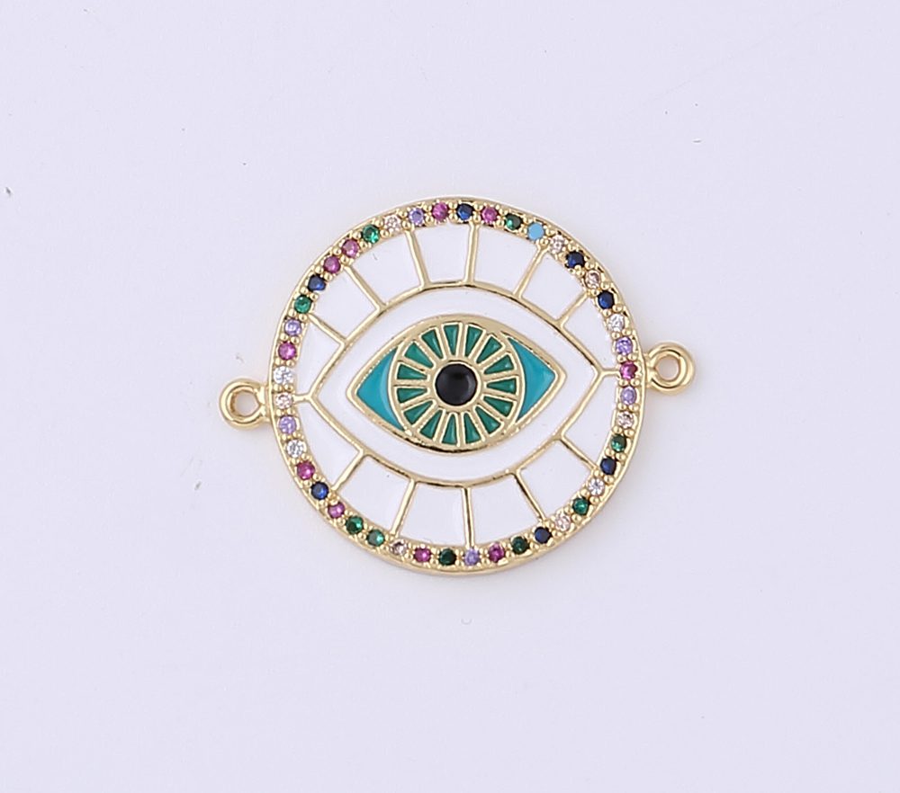 18K Gold Filled Pink Enamel Evil Eye Connector, Micro Pave CZ Charm, Spiritual Protection Amulet Necklace Pendant for Jewelry Making, CN385