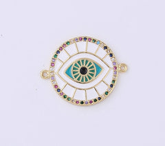 18K Gold Filled Pink Enamel Evil Eye Connector, Micro Pave CZ Charm, Spiritual Protection Amulet Necklace Pendant for Jewelry Making, CN385