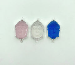 Crystal Quartz Buddha Head Connector in Silver Tone, Dainty Glass Buddha Head for Necklace Bracelet Jewelry Making Supply, 37x20mm, CN390