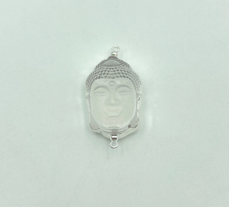 Crystal Quartz Buddha Head Connector in Silver Tone, Dainty Glass Buddha Head for Necklace Bracelet Jewelry Making Supply, 37x20mm, CN390