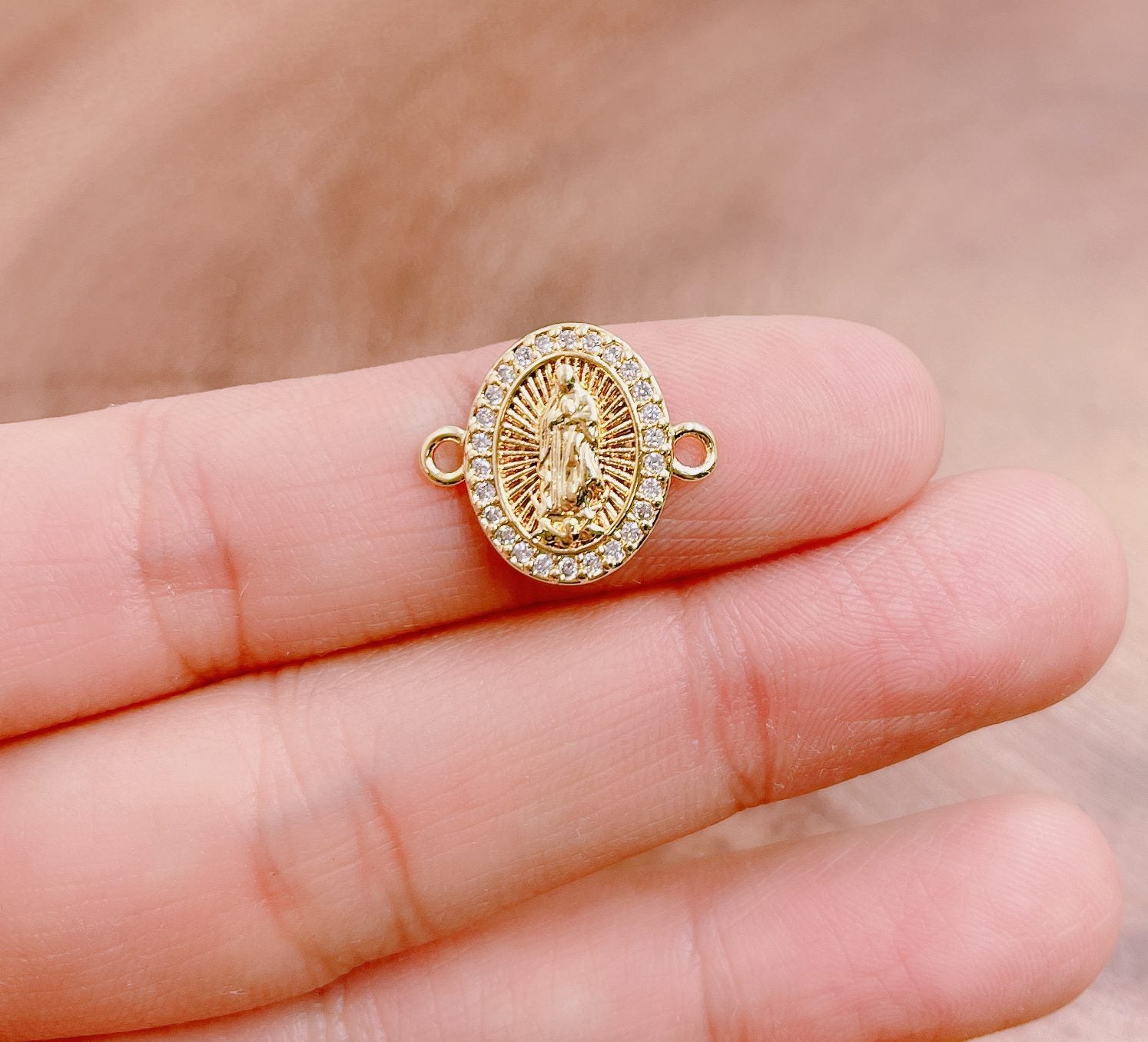 18K Gold Filled Virgin Mother Mary Cubic Zirconia Micro Pave Connector, CN426