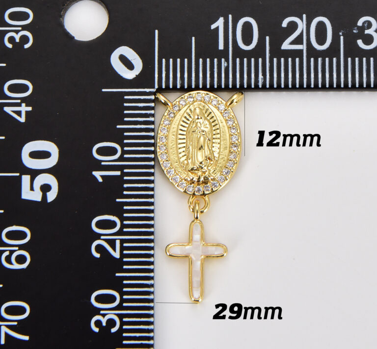 18K Gold Filled Dainty Virgin Mary Centerpiece Y Connector Rosary Charm with Cross Religious Charm Link Connector for Necklace, 29x12mm, CN452