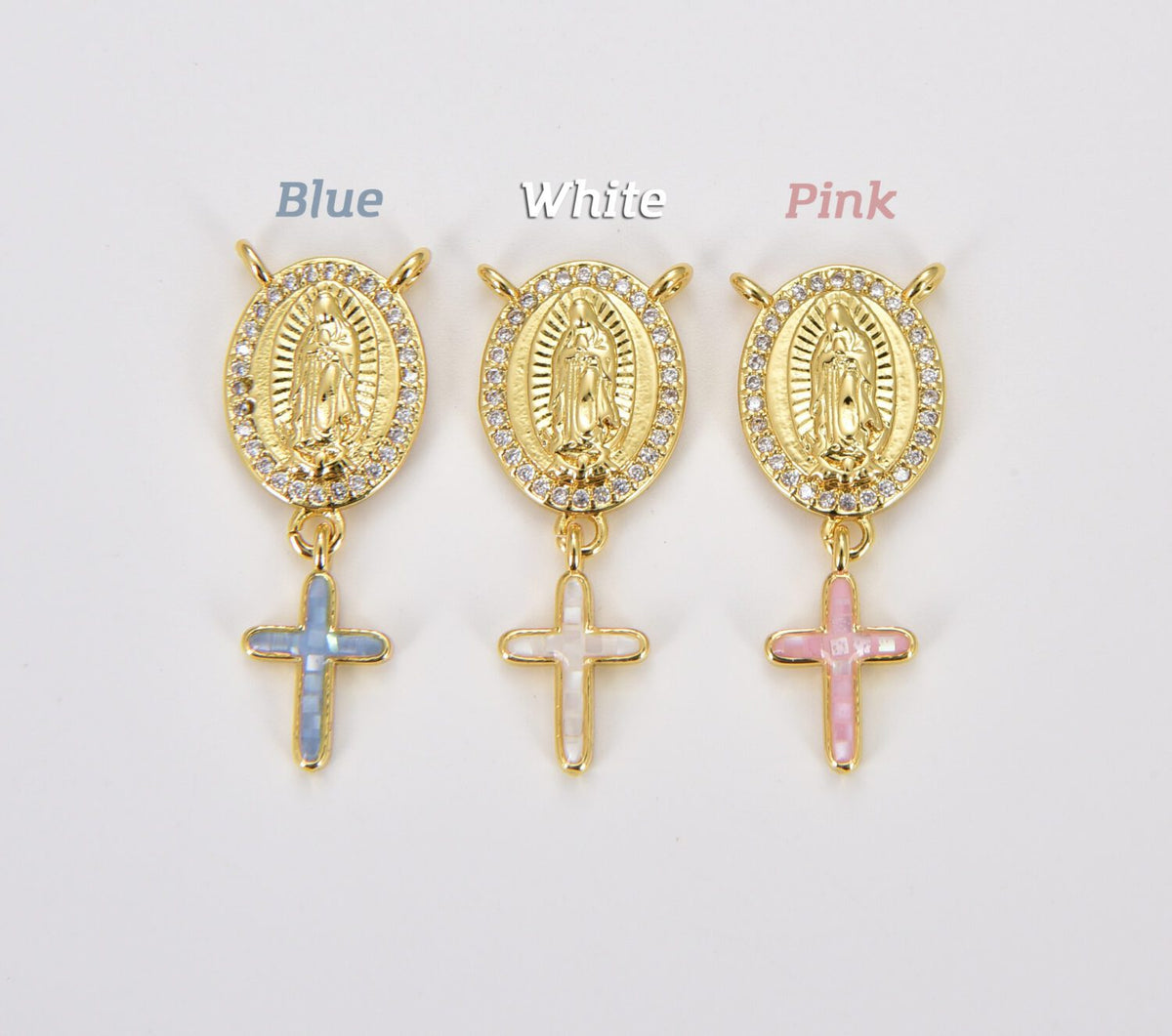 18K Gold Filled Dainty Virgin Mary Centerpiece Y Connector Rosary Charm with Cross Religious Charm Link Connector for Necklace, 29x12mm, CN452