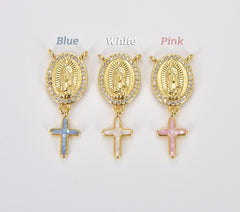 18K Gold Filled Dainty Virgin Mary Centerpiece Y Connector Rosary Charm with Cross Religious Charm Link Connector for Necklace, 29x12mm, CN452