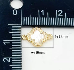 18K Gold Filled Dainty White Shell Pearl Four Leaf Clover Charm Connector, Lucky Charm Flower Connector, Floral Pendant, Gift for Her, CN471