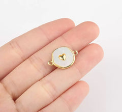 18K Gold Filled Round Coin Heart Charm Connector Shell Pearl Link Connector, CN473