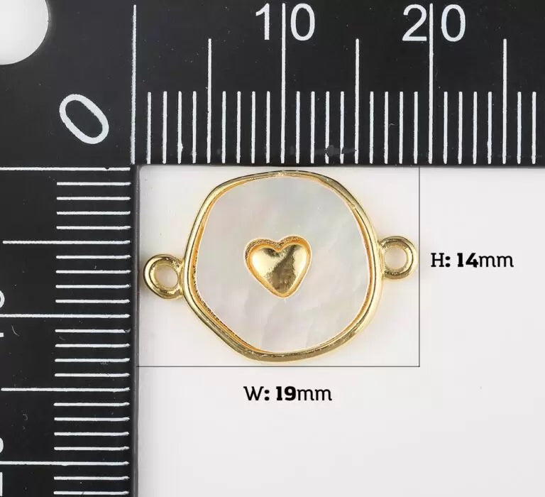 18K Gold Filled Round Coin Heart Charm Connector Shell Pearl Link Connector, CN473