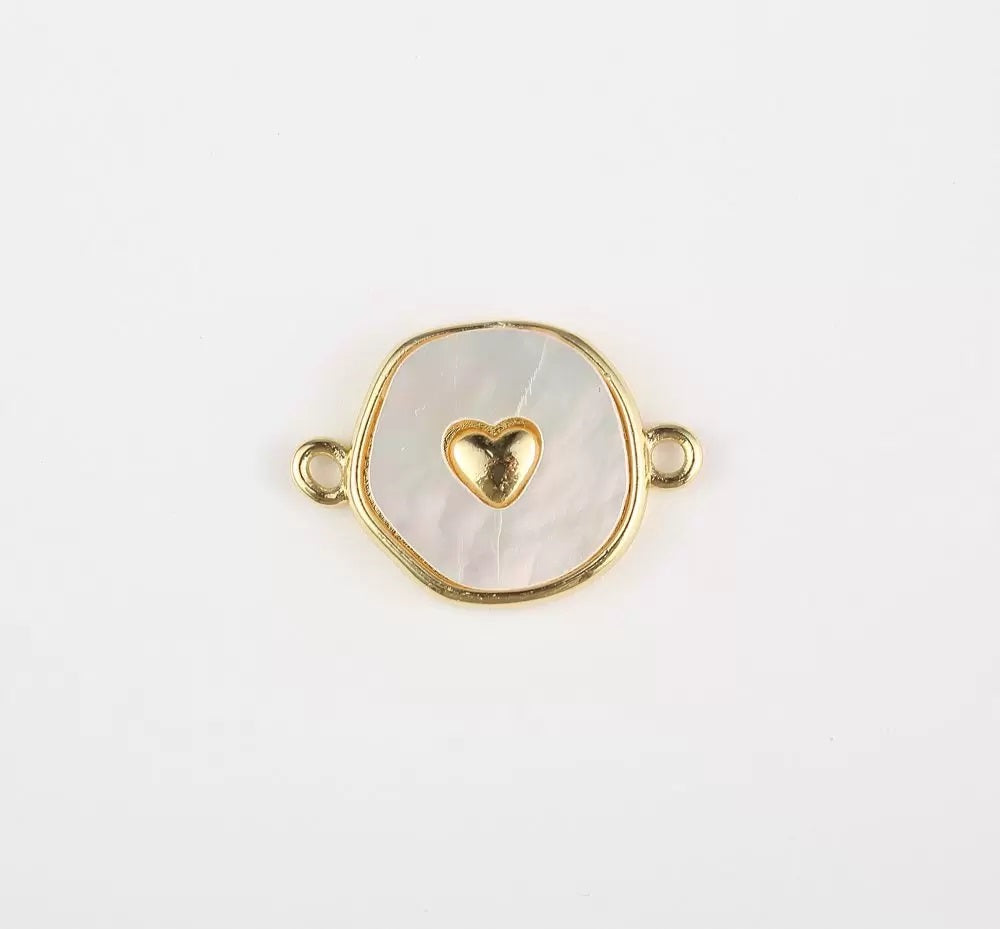 18K Gold Filled Round Coin Heart Charm Connector Shell Pearl Link Connector, CN473