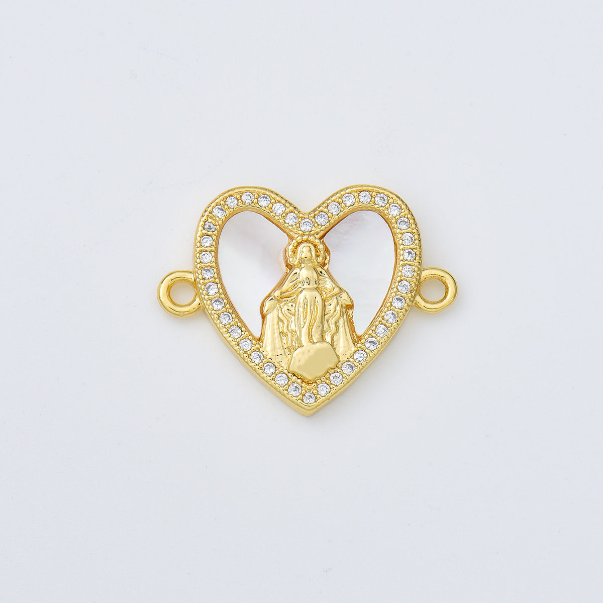 18K Gold Filled Shell Pearl Virgin Mary Heart Charm Connector, Mother Mary Lady of Guadalupe, Religious Charm, Miraculous Medal, CN475