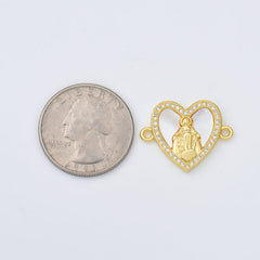 18K Gold Filled Shell Pearl Virgin Mary Heart Charm Connector, Mother Mary Lady of Guadalupe, Religious Charm, Miraculous Medal, CN475