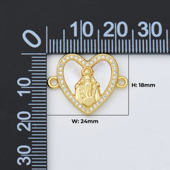 18K Gold Filled Shell Pearl Virgin Mary Heart Charm Connector, Mother Mary Lady of Guadalupe, Religious Charm, Miraculous Medal, CN475