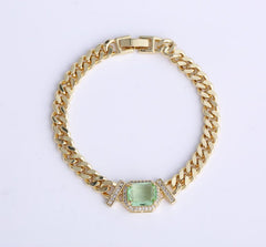 18K Gold Filled Sky Blue Topaz/Green Stone Charm Connector, Gold Filled Chunky Cuban Curb Chain Bracelet, Bracelet for Men/Women, CN_Batch02