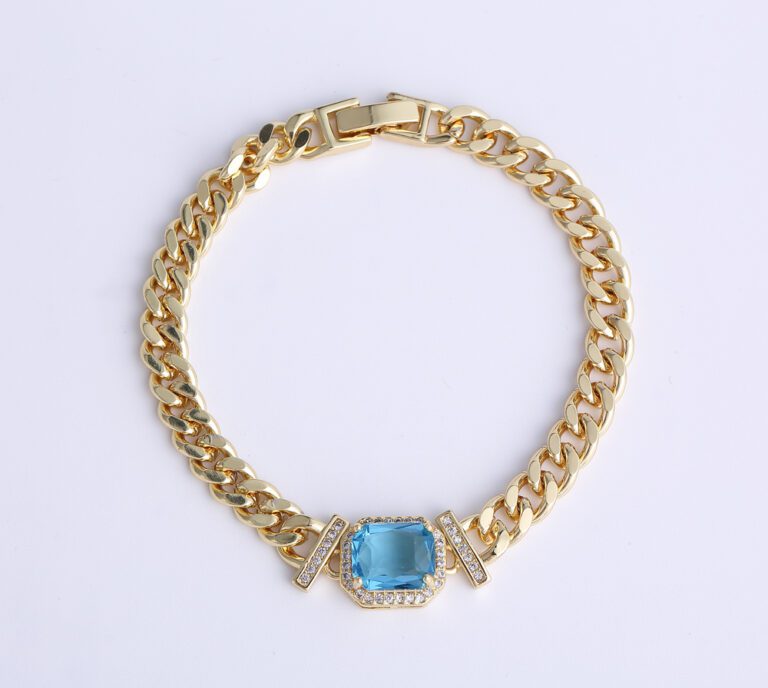 18K Gold Filled Sky Blue Topaz/Green Stone Charm Connector, Gold Filled Chunky Cuban Curb Chain Bracelet, Bracelet for Men/Women, CN_Batch02