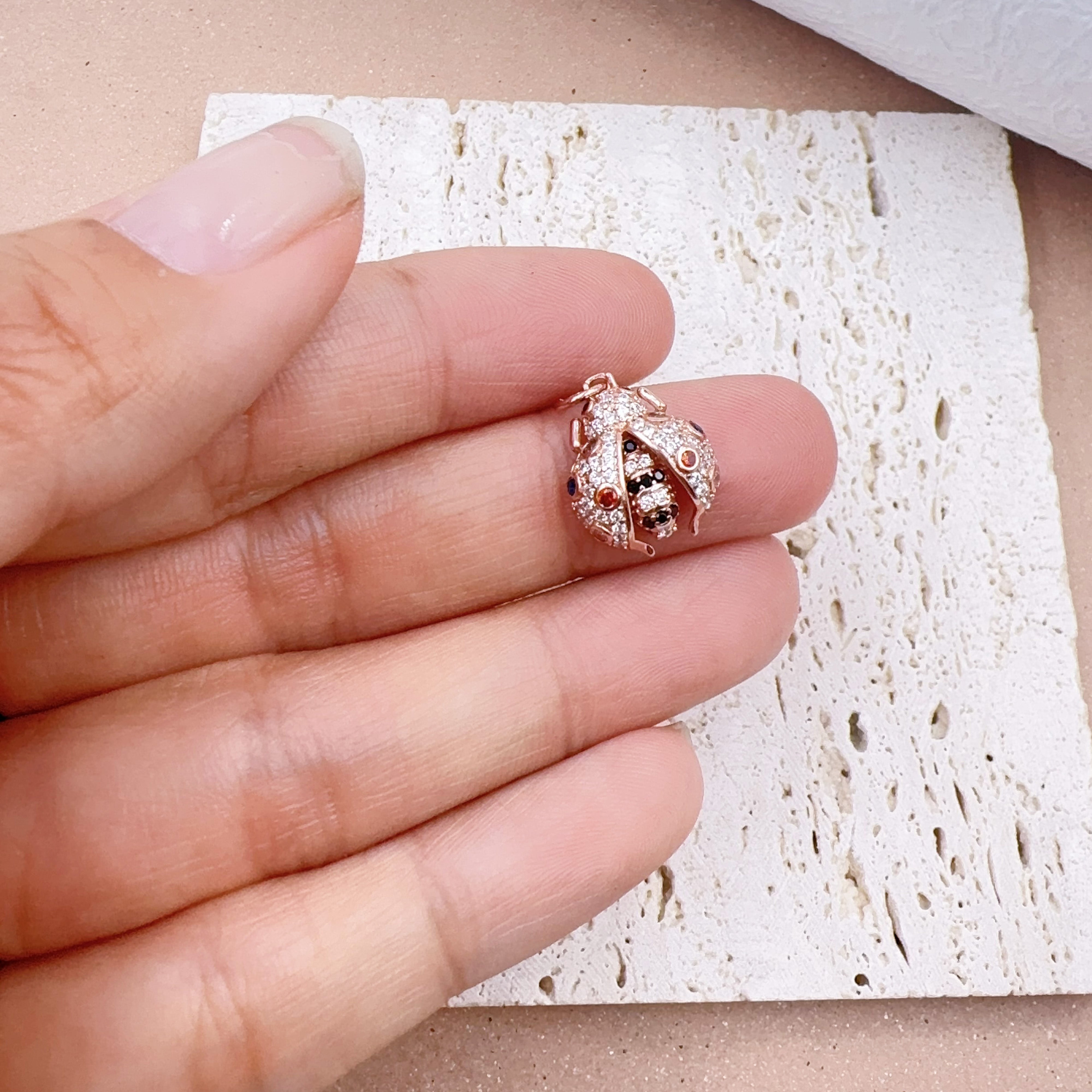 18K Gold Filled Ladybug Charm, CZ Micro Pave Ladybug Pendant, Rose Gold/Gold/Black Lady bug Beetle, Bug, Insect Charm, 12x19mm, CP044