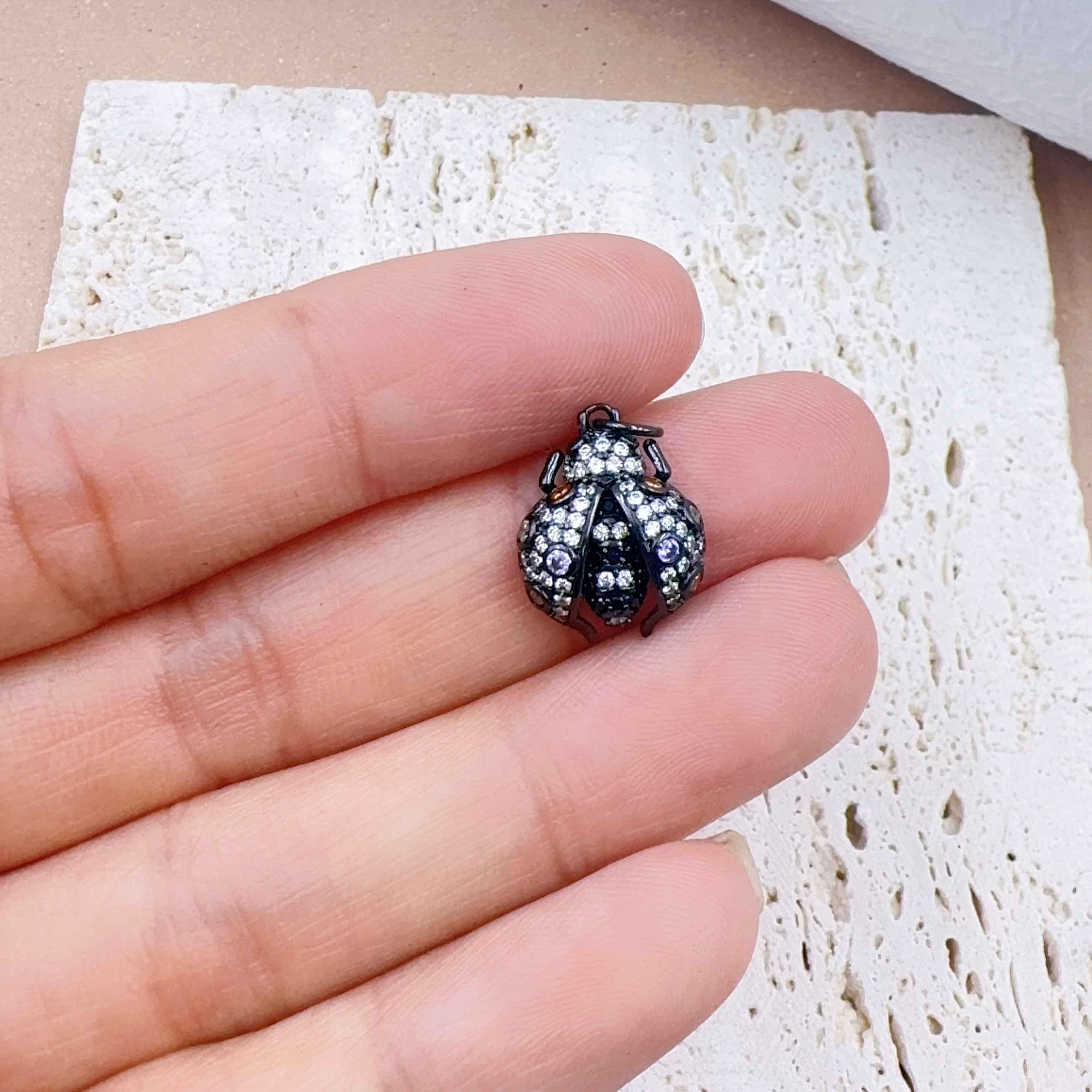 18K Gold Filled Ladybug Charm, CZ Micro Pave Ladybug Pendant, Rose Gold/Gold/Black Lady bug Beetle, Bug, Insect Charm, 12x19mm, CP044