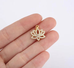 14K Gold Filled Lotus Flower Charm, Micro Pave Cubic Zirconia Mini Pendant, Yoga/ Zen/ Meditation Symbol Jewelry Bracelet Necklace CP051