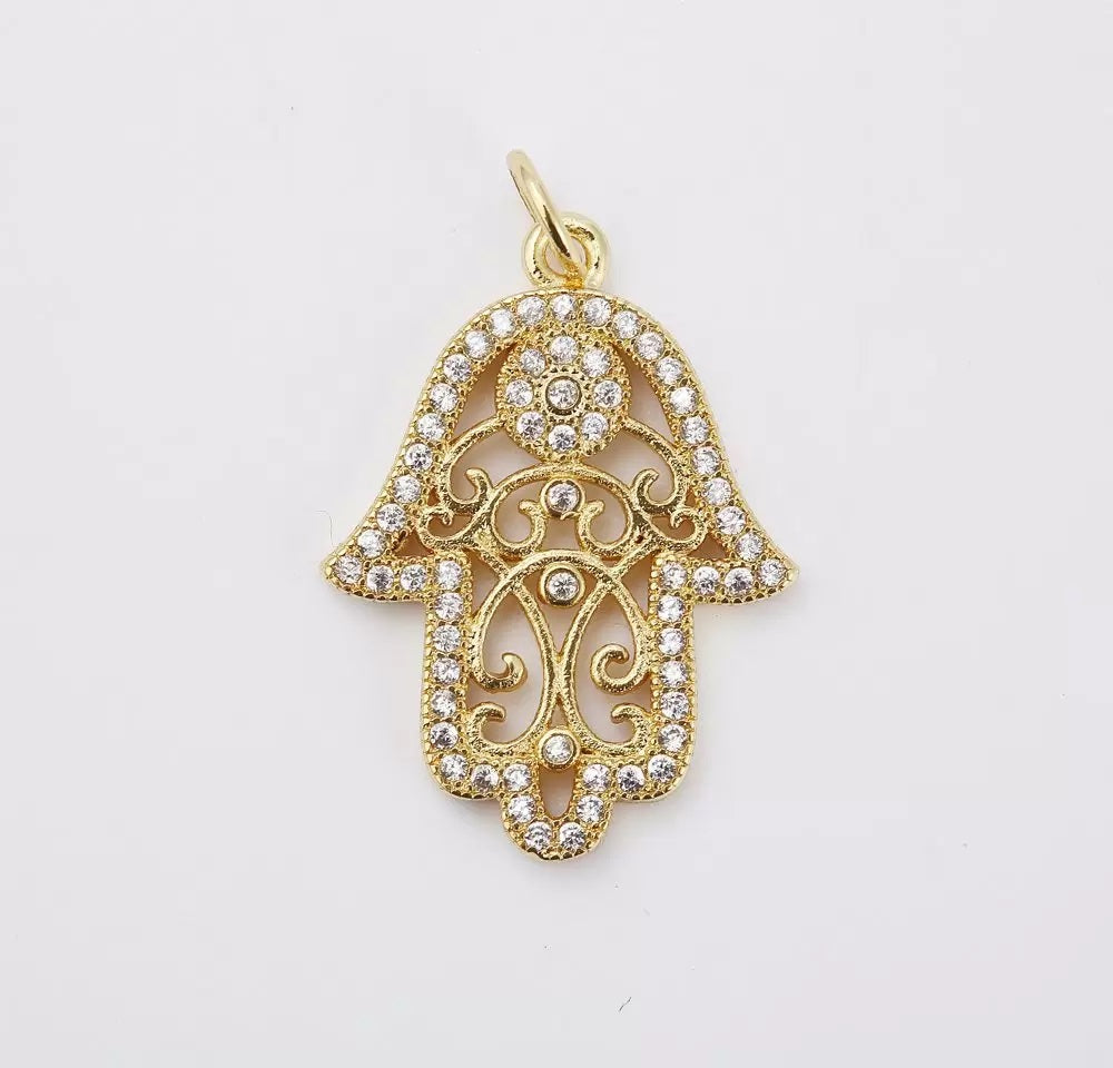 18K Gold Filled Hamsa Hand Charm, Micro Pave Hamsa Pendant, CZ Hamsa Charm, Hamsa Necklace, Hamsa Pendant, Protection, 23x16mm, CP065