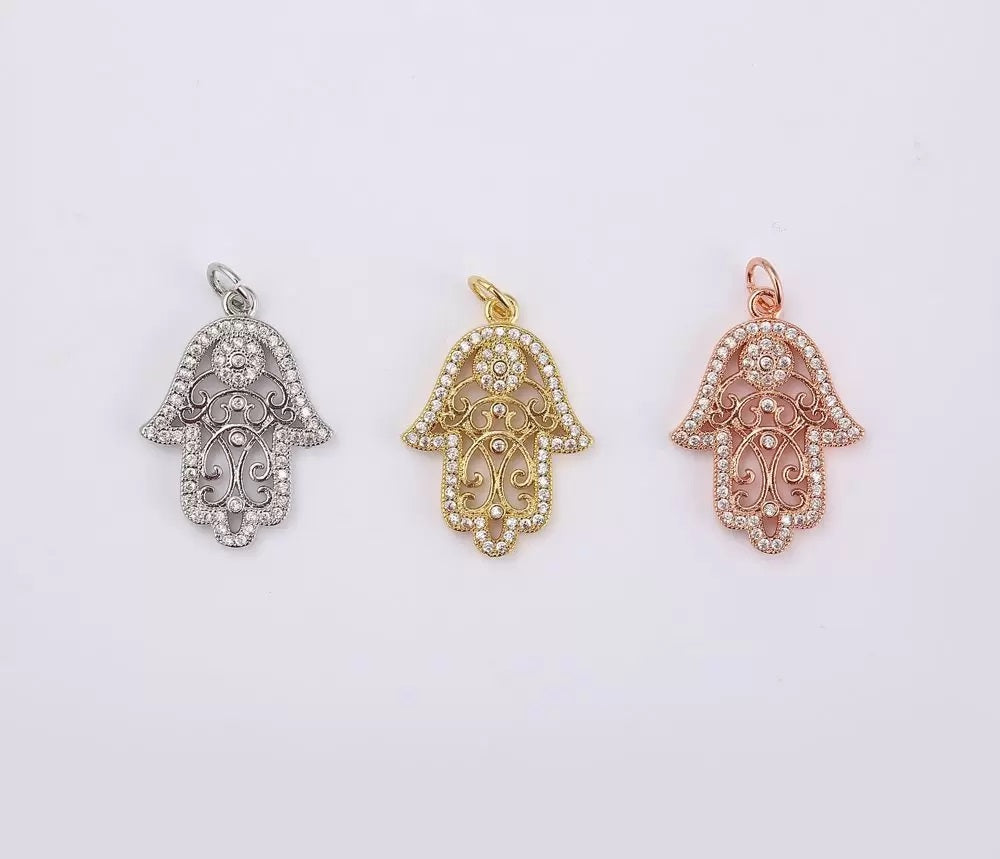 18K Gold Filled Hamsa Hand Charm, Micro Pave Hamsa Pendant, CZ Hamsa Charm, Hamsa Necklace, Hamsa Pendant, Protection, 23x16mm, CP065