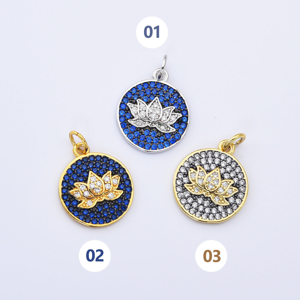 18K Gold Filled Sapphire and Clear Cubic Zirconia Micro Pave Lotus Charm, 20x15mm, CP079