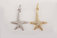 24K Gold Filled Small Starfish Pendant Charm, Cubic Zirconia Micro Pave Starfish Charm, Black/Rosegold/Whitegold/Gold,1pc,15mm,CP086A