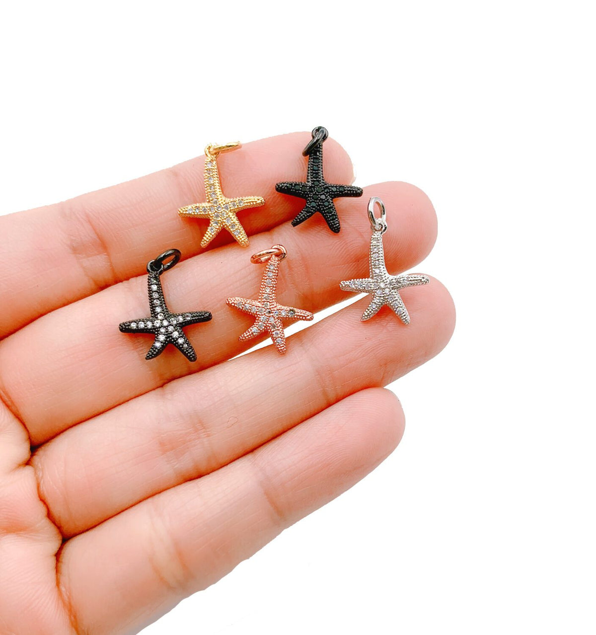 24K Gold Filled Small Starfish Pendant Charm, Cubic Zirconia Micro Pave Starfish Charm, Black/Rosegold/Whitegold/Gold,1pc,15mm,CP086A