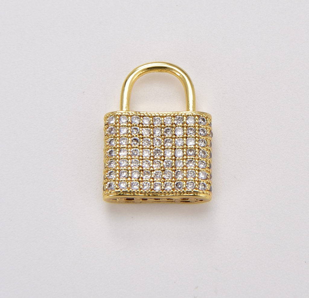 24K Gold Filled Padlock Cubic Zirconia Micro Pave Charm Pendant, Lock Charm, Padlock Necklace, Padlock Charm, Charm Necklace, 17x12mm, CP1000