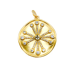 18K Gold Filled Ray of Light Round CZ Micro Charm Pendant, Starburst, Brush Gold Finish, Medallion Necklace, Cubic Zirconia, 33x29mm, CP1002