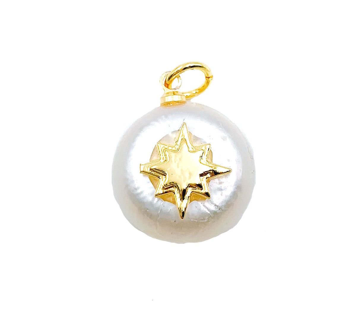 18K Gold Starburst Freshwater Pearl Charm Pendant, Starburst Charm Pendant CZ Micro Pave, Star Charm Pendant, 18x15mm, CP1004