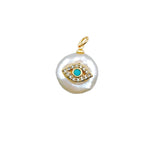 Gold Turquoise Evil Eye CZ Micro Pave Charm Pendant, Fresh Water Pearl Evil Eye, Turkish Evil Eye, Evil Eye Charm, 17x14mm, CP1005