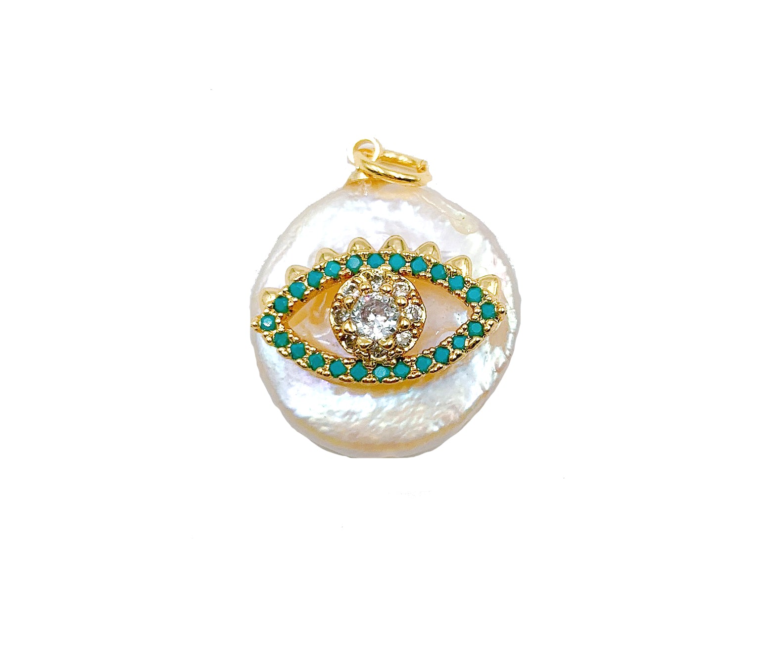 Turquoise Evil Eye 18K Gold CZ Micro Pave Charm Pendant, Fresh Water Pearl Evil Eye, Turkish Evil Eye, Evil Eye Charm 21x17mm, CP1009