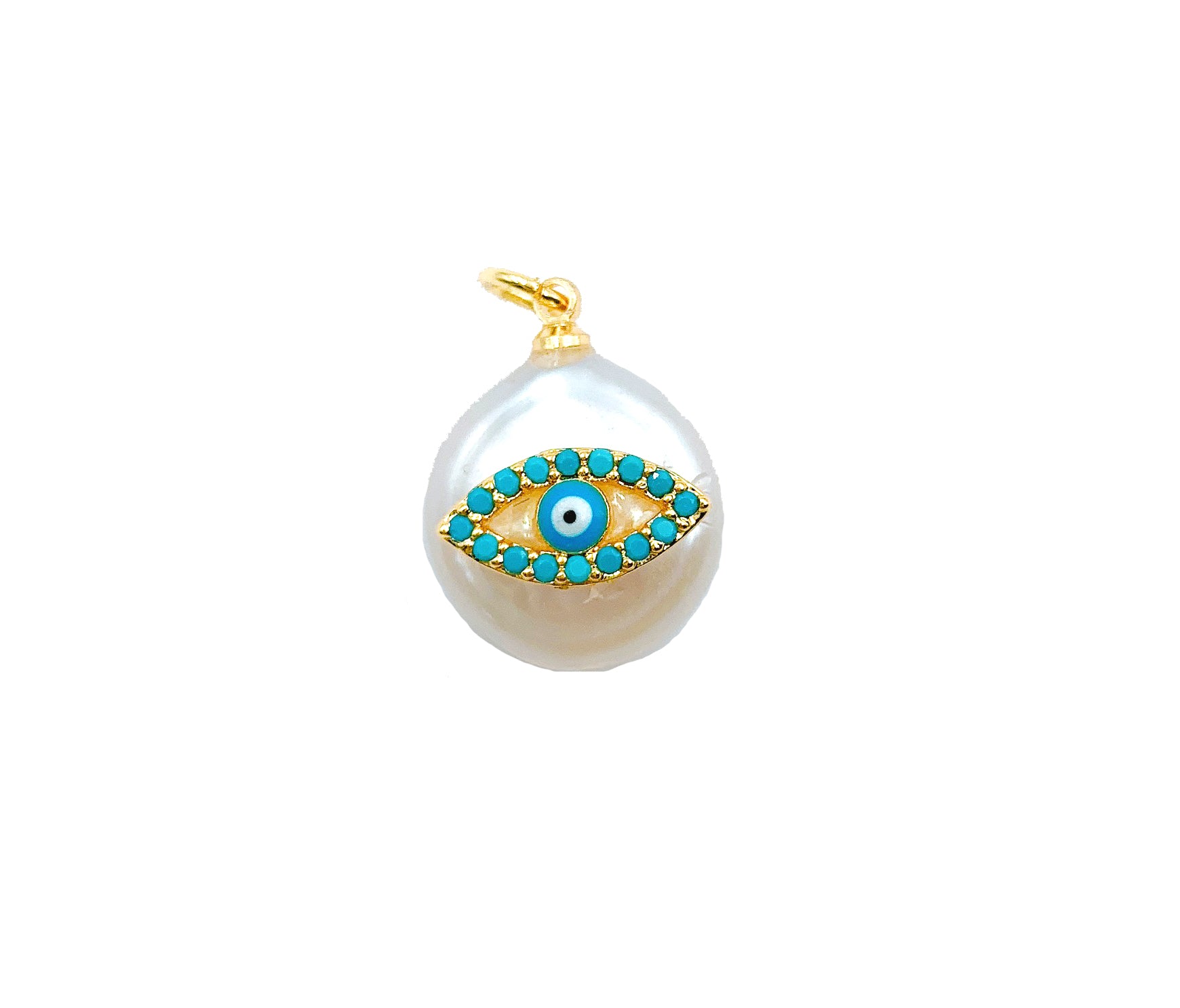 Turquoise Enamel Evil Eye 18K Gold CZ Micro Pave Charm Pendant, Fresh Water Pearl Enamel Evil Eye, Turkish Evil Eye, 18x14mm, CP1010