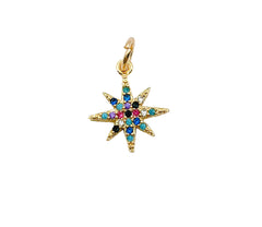 Rainbow CZ Starburst Charm Pendant, 18K Gold CZ Micro Pave Charm Pendant, Starburst Charm, Star Charm Cubic Zirconia, 13x11mm, CP1017