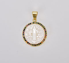 18K Gold Coin Shell Pearl Saint Benedict Charm Medallion, St Benedict Charm for Bracelet Necklace Pendant Earring for Jewelry Making, CP1036